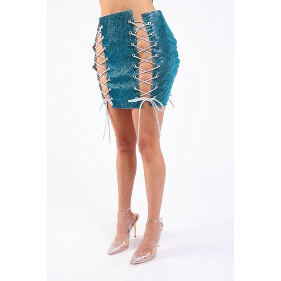 Sexy Full Rhinestones 4 Sides White Lace Up Stretch Party Rave Club Mini Skirt - Picture 5 of 8